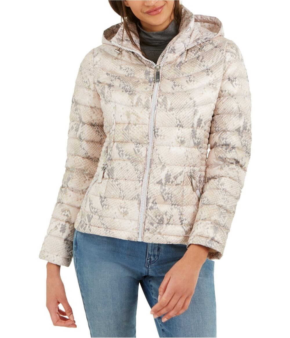 CALVIN KLEIN Packable Snakeskin Print Short Hooded Puffer Coat | XS